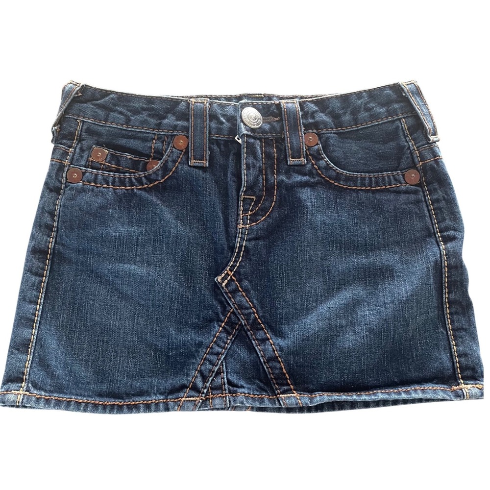 True Religion Denim Mini Bobby Skirt 25 Blue Y2K Thick Stitch World Tour Big T